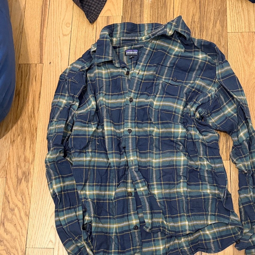 Patagonia Navy and Yellow Plaid Shirt